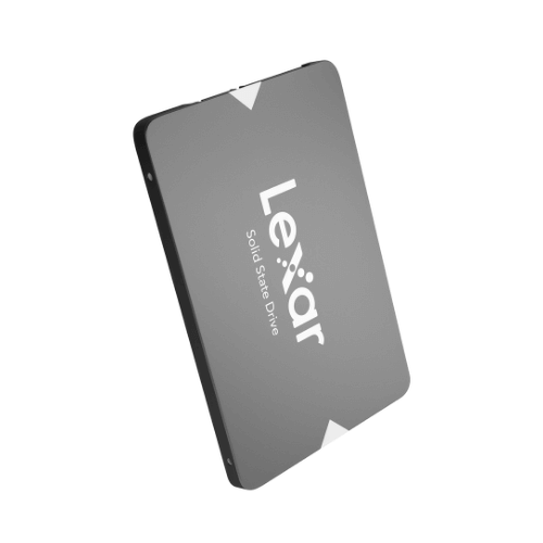 A gray Lexar NS100 2.5 inch SATA III SSD solid state drive, with the brand name 'Lexar' printed on the top.